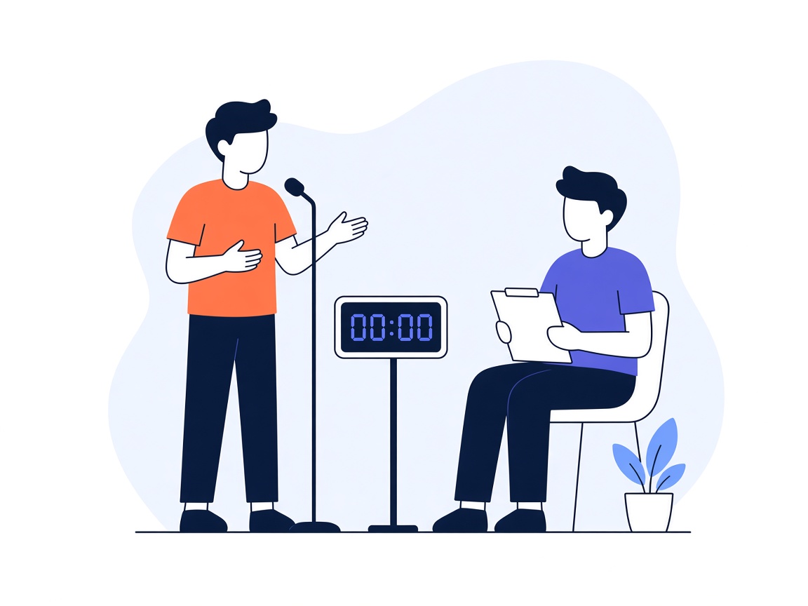 A speaker at a microphone with a timer while a judge takes notes