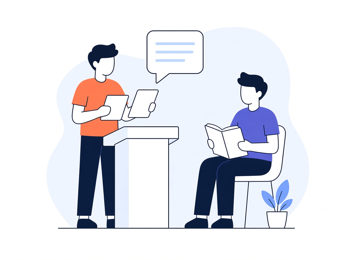 A student presenting at a lectern while a classmate takes notes